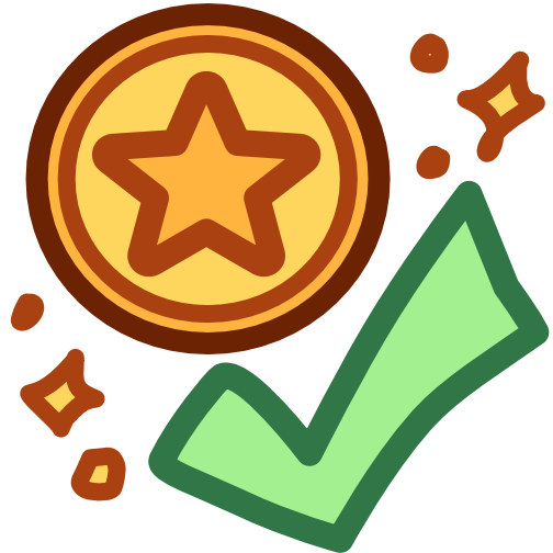 There are sparkles around a gold medal with a green checkmark below it. The image has dark line art.